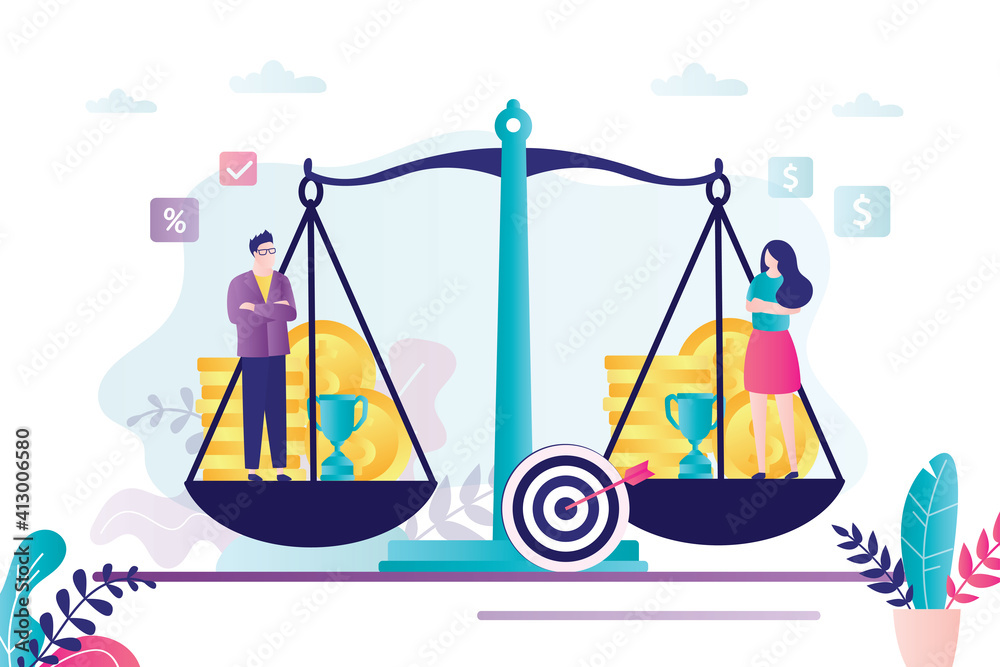 Man and woman stand on scales. Equal rights and opportunities for both genders Man and woman stand on scales. Equal rights and opportunities for both genders