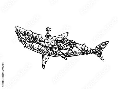 Mechanical fish. Hand drawn vector illustration.