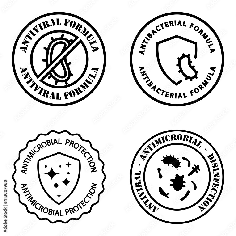 Antimicrobial resistant badges. Antiviral and antimicrobial formula. Clean hygiene label. Illustration with antiviral protection for medical design. Antibacterial shield. Vector outline icons