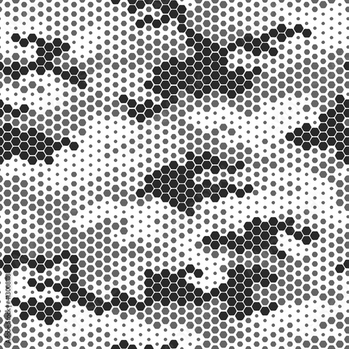 Full seamless military camouflage skin halftone dotted pattern vector for decor and textile. Black white pointed army masking design for hunting textile fabric print. Design for trendy fashion.