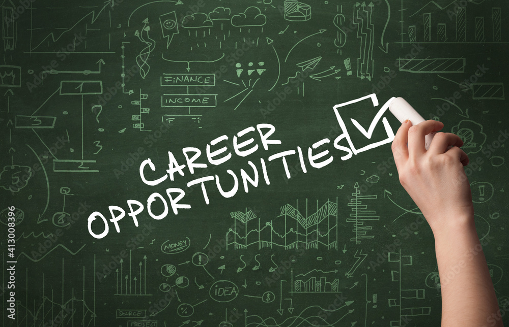 Hand drawing CAREER OPPORTUNITIES inscription with white chalk on blackboard, new business concept Hand drawing CAREER OPPORTUNITIES inscription with white chalk on blackboard, new business concept