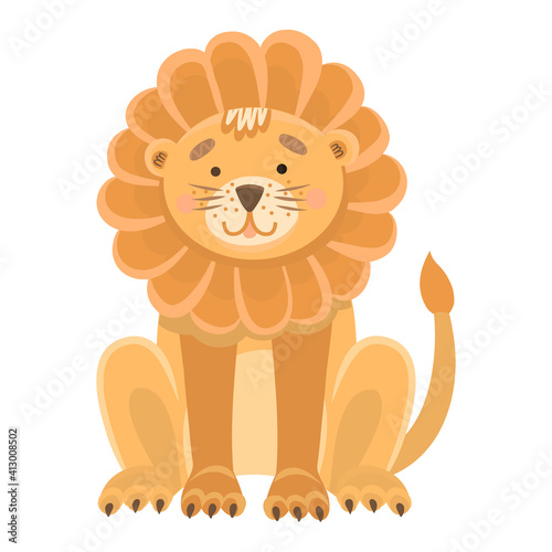 Fototapeta Naklejka Na Ścianę i Meble -  Cute funny cartoon lion on a white isolated background. Vector clip art of a lion in a flat style. Design and print for children s clothing, stationery, height gauge for children