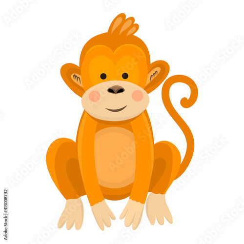 Cute funny cartoon baby monkey on white isolated background. Vector illustration of a monkey in a flat style. Design and print for children s clothing, stationery, height gauge for children