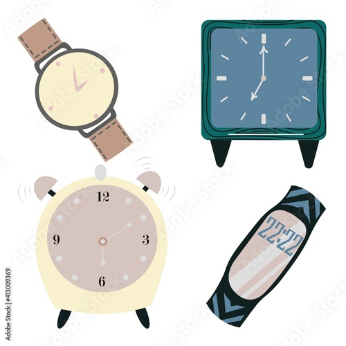 Vector illustration with a selection of different types of watches. Wrist watch, alarm clock, table clock in pastel shades on a white background. 