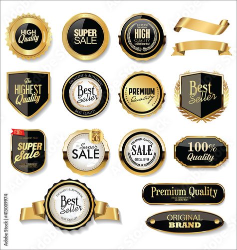 Collection of golden badges labels and tags