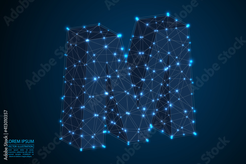 English letters abstract font consists 3d of triangles, lines, dots and connections. On a dark blue background cosmic universe stars, meteorites, galaxies. Vector illustration EPS 10.