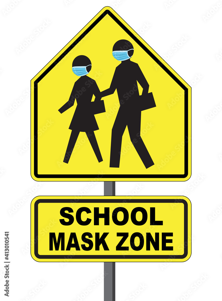 School Mask Zone street sign with face mask wearing students - Vector Illustration School Mask Zone street sign with face mask wearing students - Vector Illustration