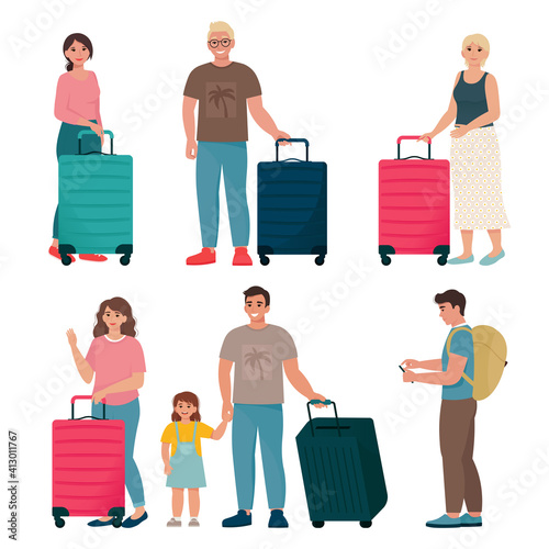 Set of people travelling with backpacks and suitcases. Time to travel. Vector illustration in flat style