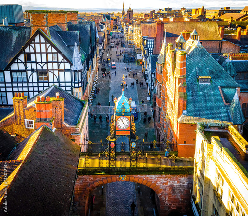 Aerial view of Chester, a city in northwest England,  known for its extensive Roman walls made of local red sandstone #413012135