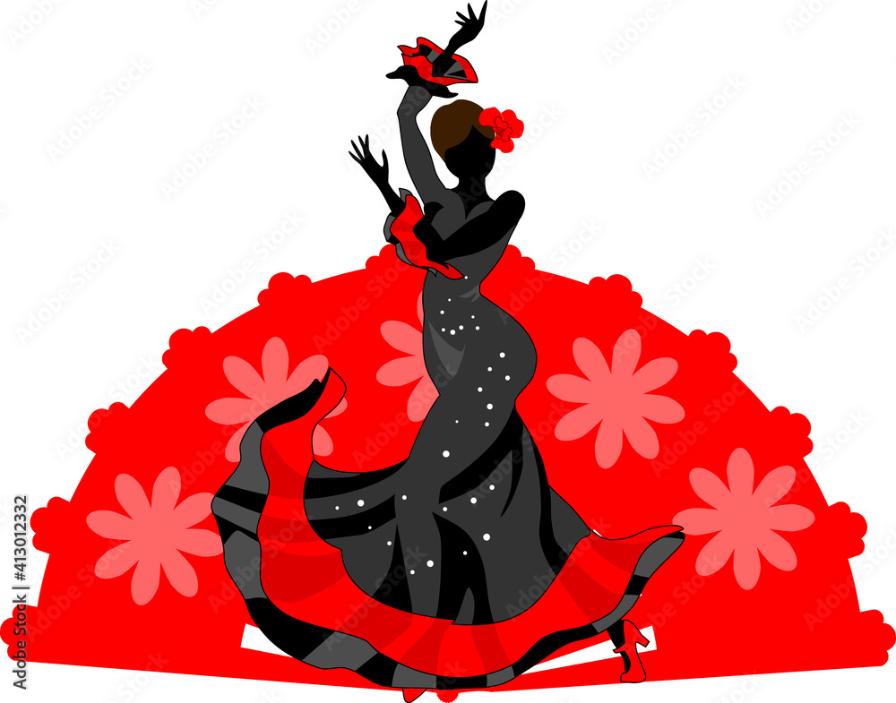 Silhouette of flamenco dancer in black dress against the background of large red fan isolated on white background - obrazy, fototapety, plakaty 