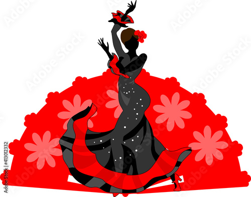 Silhouette of flamenco dancer in black dress against the background of large red fan isolated on white background