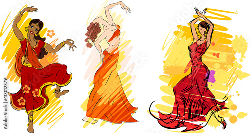 Set of colorful sketches with flamenco, indian and oriental dancers
