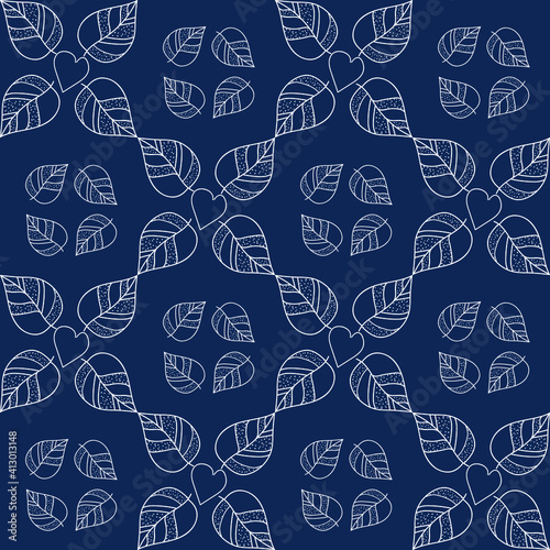 Seamless pattern with a floral pattern. Grid of white hearts leaves on a blue background