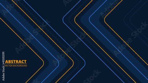 Abstract dark blue background with blue and yellow light line on blank space. Futuristic navy blue modern geometric gaming backdrop. Ratio 1920x1080, vector illustration.