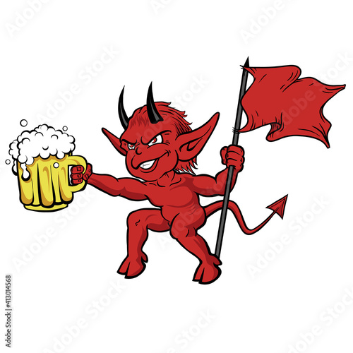 Red devil with a beer mug and a red flag on hands.