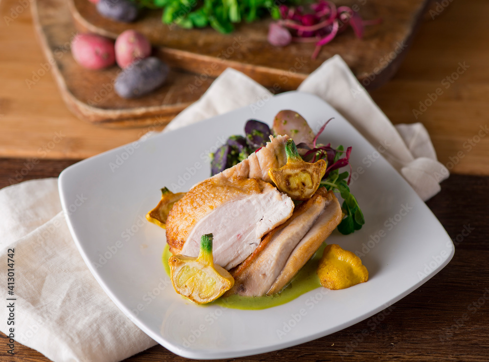 Chicken breast. Chicken pan seared to a crispy golden brown in brown butter and served with fresh organic vegetables: carrots, Brussels sprouts and green beans. Classic American restaurant favorite. Chicken breast. Chicken pan seared to a crispy golden brown in brown butter and served with fresh organic vegetables: carrots, Brussels sprouts and green beans. Classic American restaurant favorite.