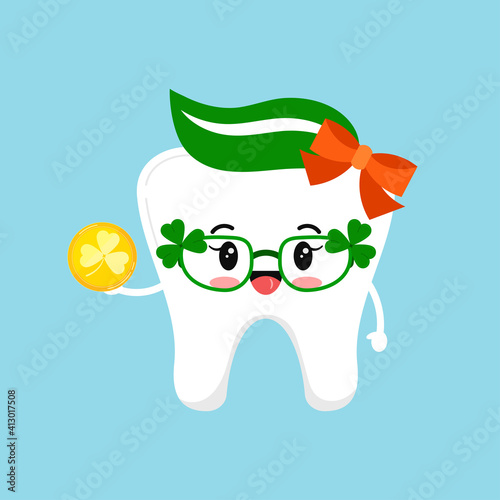 St Patrick cute tooth icon isolated. Dental tooth character with irish photo booth props - eyeglasses with shamrock and lucky golden goin. Flat design cartoon vector kids illustration.