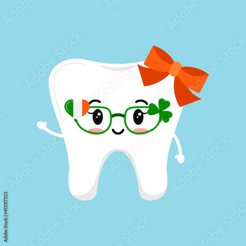 St Patrick cute tooth icon isolated. Dental tooth character with irish photo booth props - eyeglasses with shamrock and heart shape Ireland flag. Flat design cartoon vector kids illustration.