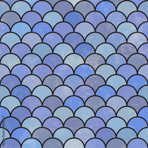 Blue asian fish scale retro pattern. Grunge and seamless. Grunge effects can be easily removed.