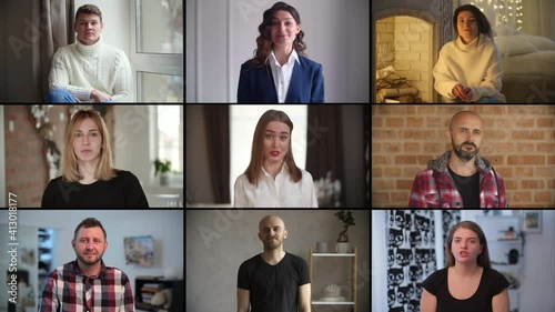 Group of people during online meeting via Zoom platform. Team of men and women have a conference call while staying in their houses. High quality 4k footage
