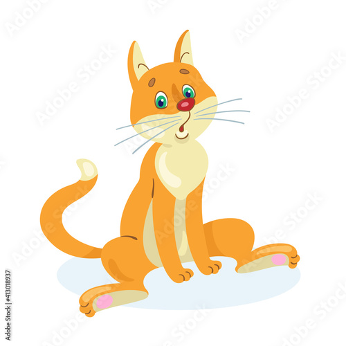 A funny ginger cat is sitting. In cartoon style. Isolated on white background. Vector flat illustration.