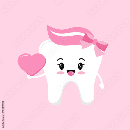 Valentines day tooth with heart in hand dental icon isolated on background. Dentist cute white tooth girl character in love with pink heart. Flat design cartoon vector dentistry clip art illustration.