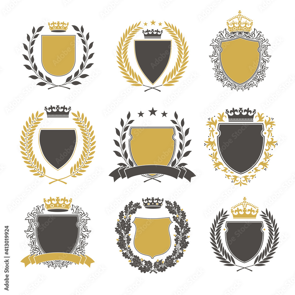 Collection of the Different black and gold silhouette shields, wreaths and crowns depicting an award, achievement, heraldry, nobility. Collection of the Different black and gold silhouette shields, wreaths and crowns depicting an award, achievement, heraldry, nobility.