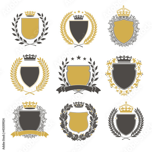 Collection of the Different black and gold silhouette shields, wreaths and crowns depicting an award, achievement, heraldry, nobility.