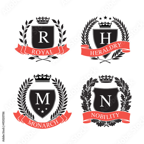 Four Different Coat of Arms. Black and white silhouette circular wreaths, shields, crowns and ribbons depicting an award, achievement, heraldry, nobility.