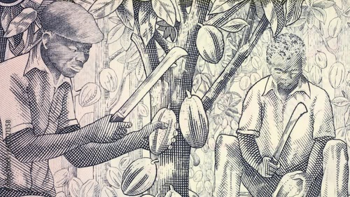 African farmers harvesting cocoa on Ghana 1000 cedi (2002) banknote tracking. Ghanaian farm chocolate production. Slider shot