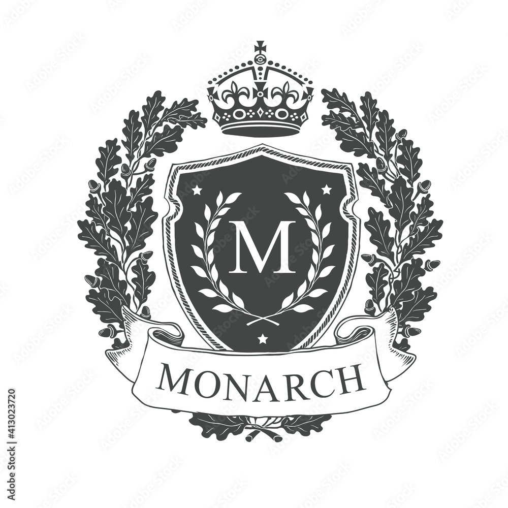 Coat of arms. Heraldic royal emblem shield with crown and oak wreath. Heraldic vector template. Coat of arms. Heraldic royal emblem shield with crown and oak wreath. Heraldic vector template.