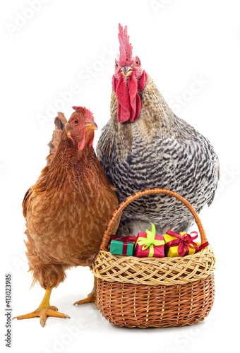 Chicken and rooster stand near the basket with gifts.