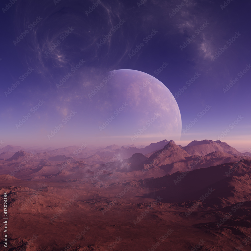 3d rendered Space Art: Alien Planet - A Fantasy frozen landscape with planet and blue sky