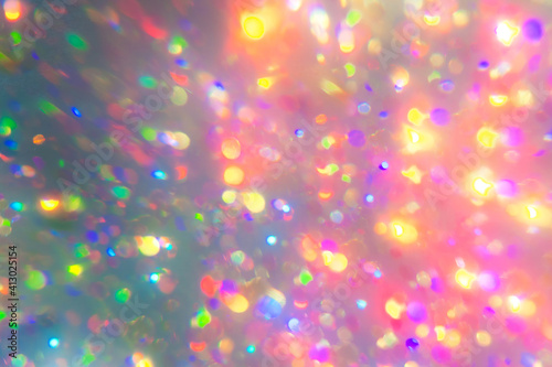 Pastel bokeh light backdrop. Blurry holographic background. Bright rainbow neon abstract clipart