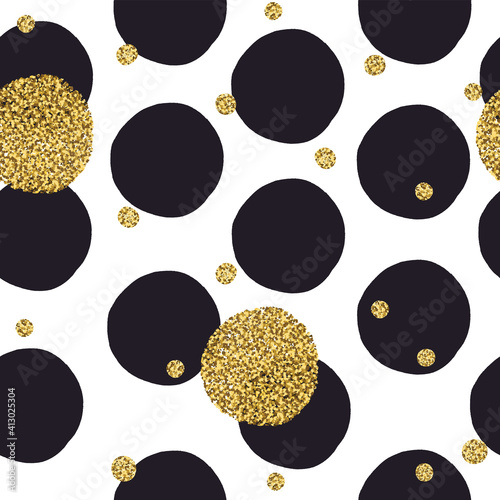 Black dots seamless pattern and golden chaotic dots. Vector seamless background design.