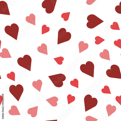 Red and pink coloring heart symbols on white background. Seamless pattern  vector illustration.