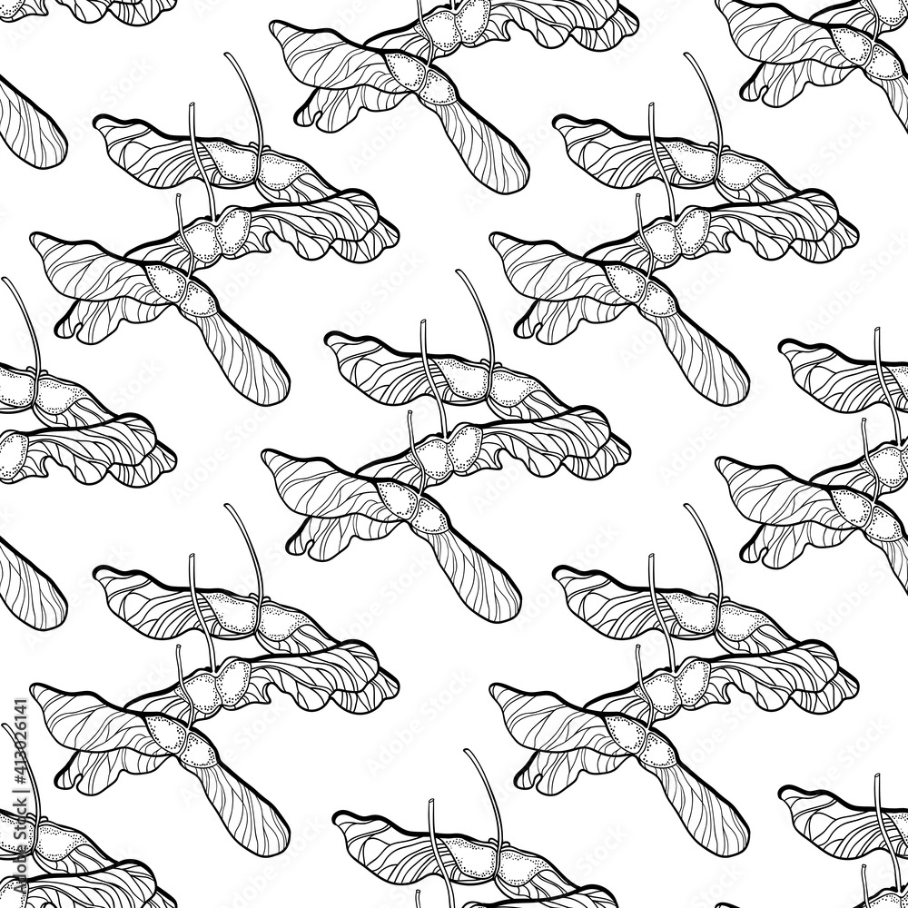 Maple helicopter seamless pattern on white background. Black and white Maple helicopter Maple helicopter seamless pattern on white background. Black and white Maple helicopter