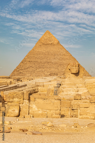 Africa  Egypt  Cairo. Giza plateau. Great Sphinx of Giza in front of the Pyramid of Khafre.