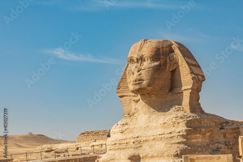 Africa  Egypt  Cairo. Giza plateau. Great Sphinx of Giza in front of the Great Pyramid of Giza.