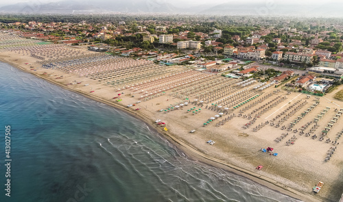 Aerial view of the Marina di Pietrasanta beach in the early morning, Tuscany, Italy.