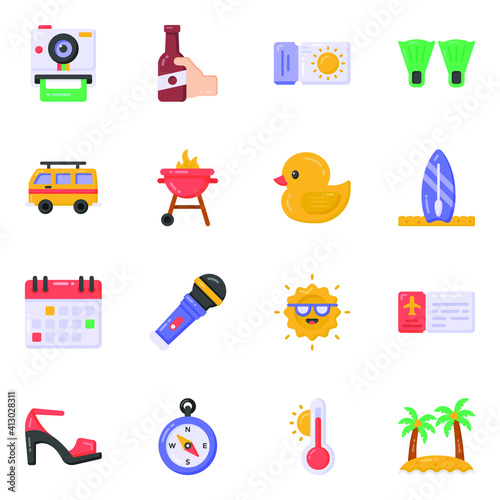 
Pack of Summer and Beach Accessories Flat Icons 
