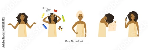 A beautiful young Afro girl washes, styles, dries curly hair. Curly girl method. Hair care process. Vector in cartoon style.
