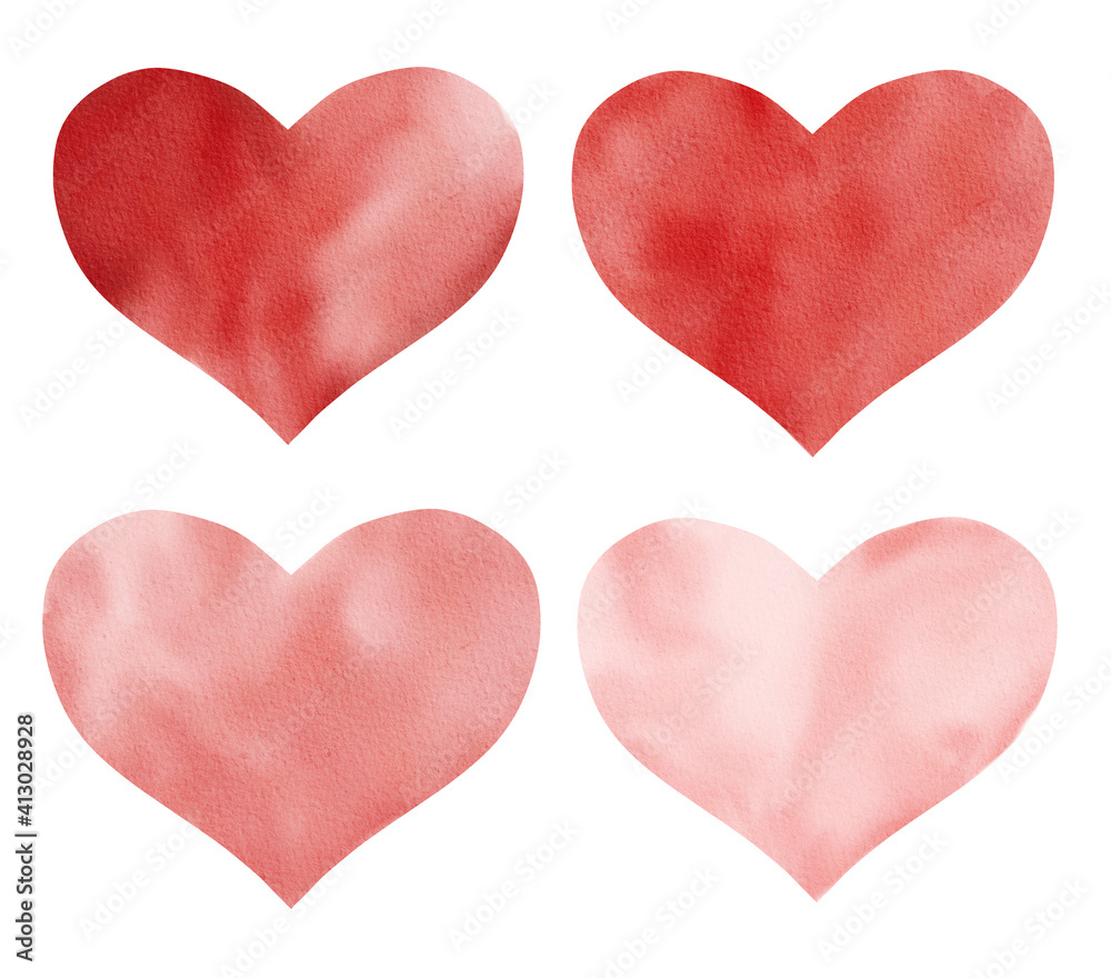Red hearts set isolated on white. Watercolor clipart for valentine cards, love graphics, gift certificate.