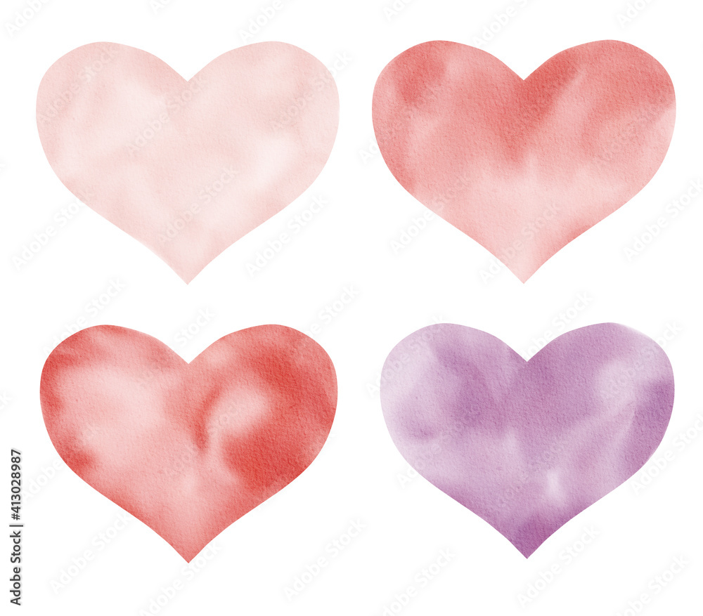 Love hearts watercolor clipart. Hand drawn illustration isolated on white.