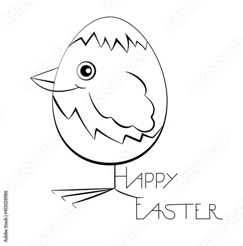 A chick hatched from an egg is painted in black, next to it is a lettering - Happy Easter. Stock vector illustration in outline style isolated on white background.