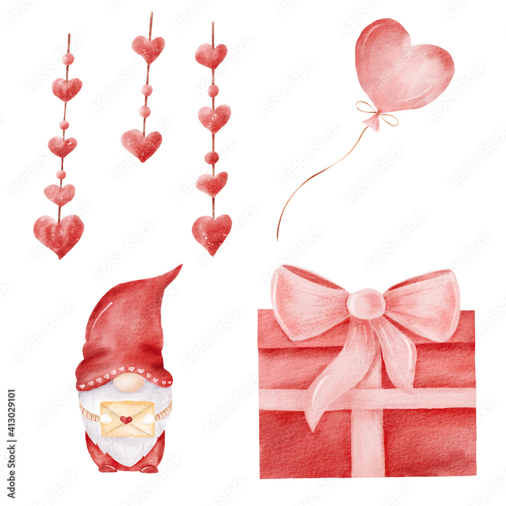 Watercolor red gnome, gift box, balloon and festoon illustrations. Valentine hand painted clipart set.