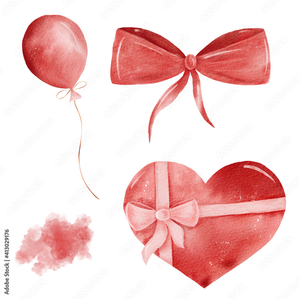 Watercolor red heart shaped gift box, balloon, ribbon, texture. Valentine hand drawn clipart set.