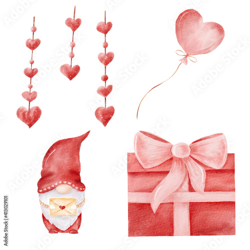 Obraz na płótnie Watercolor red gnome, gift box, balloon and festoon illustrations. Valentine hand painted clipart set. w salonie