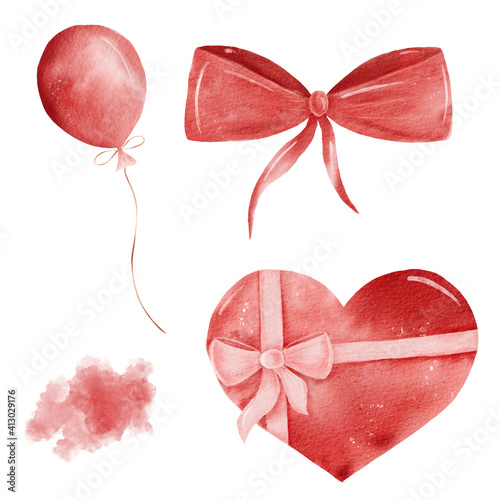 Obraz na płótnie Watercolor red heart shaped gift box, balloon, ribbon, texture. Valentine hand drawn clipart set. w salonie