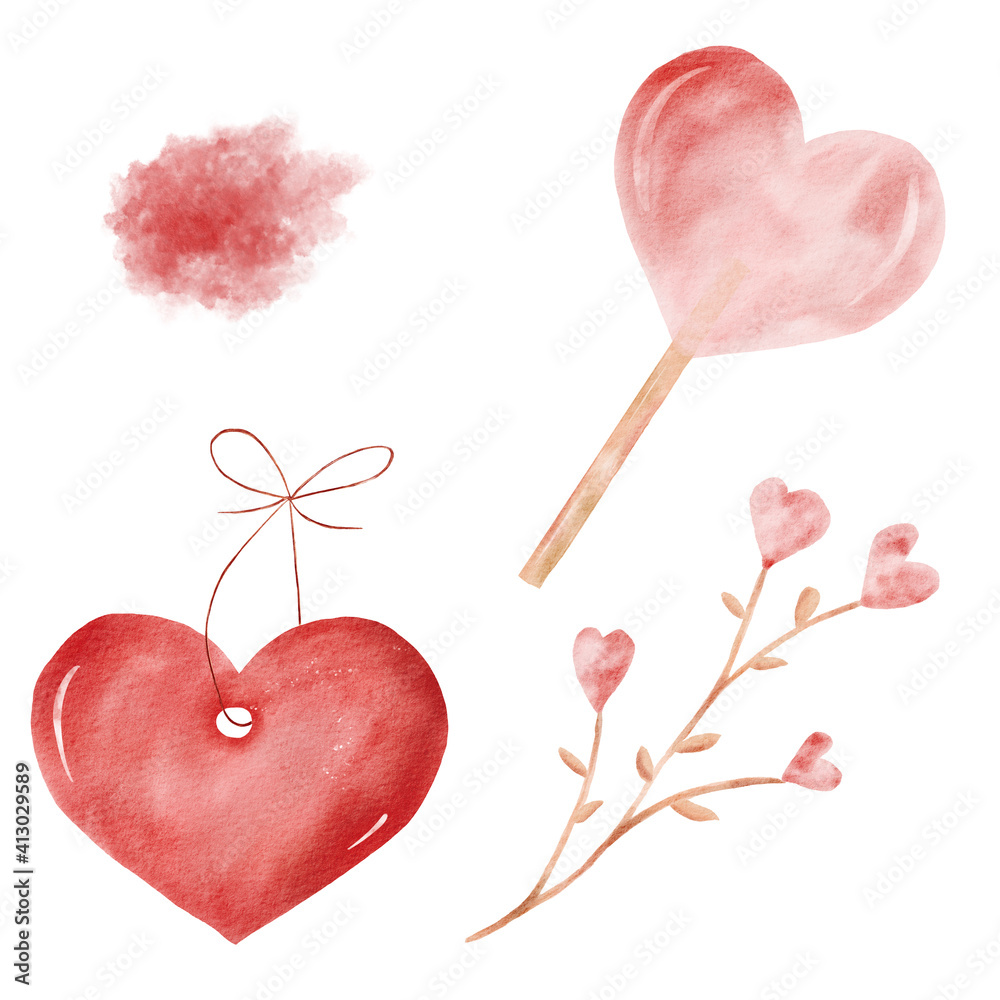 Love watercolor clipart set with red texture, heart shaped candy, pendant, flowers.